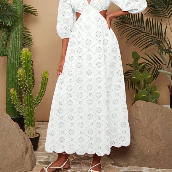 White Boho Women's Woven Embroidered V-Neck Puff Sleeve Tall Long Dress - Picture 5 of 5